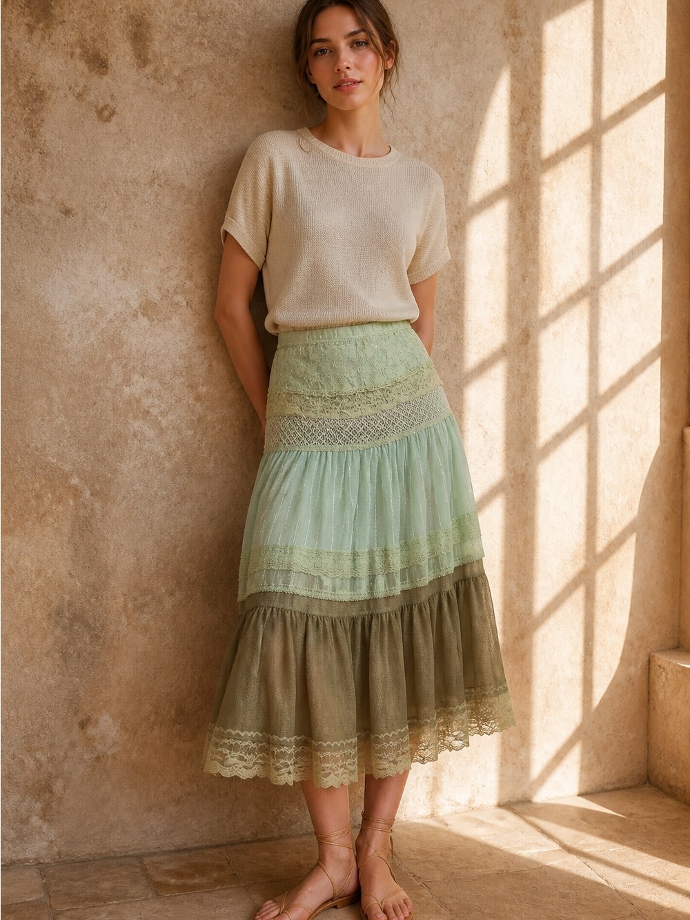 Paniz Vintage Y2K Sage Green Tiered Lace Mesh Skirt